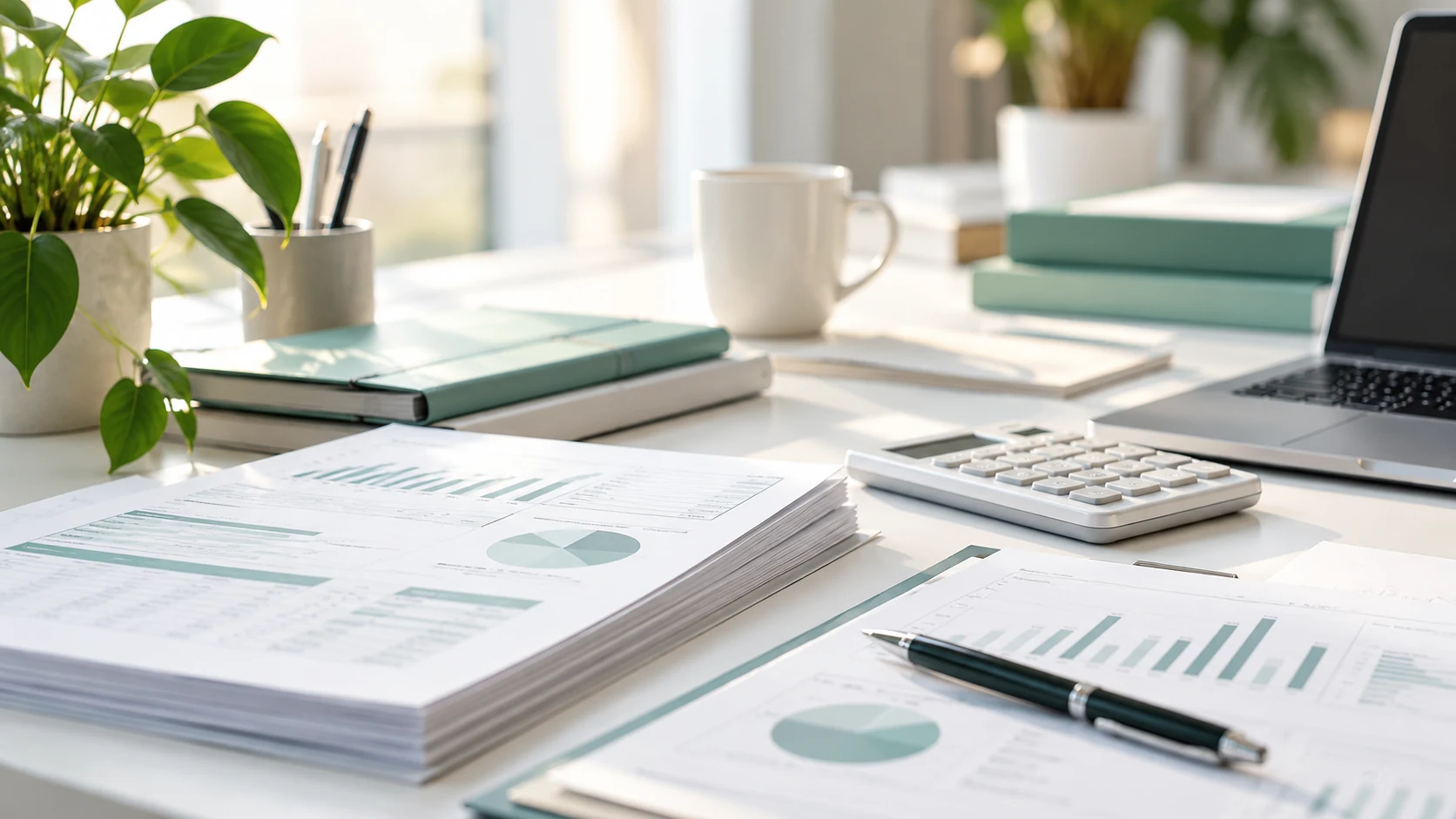 Jaarcijfers en onderliggende financiële documenten op een bureau.
